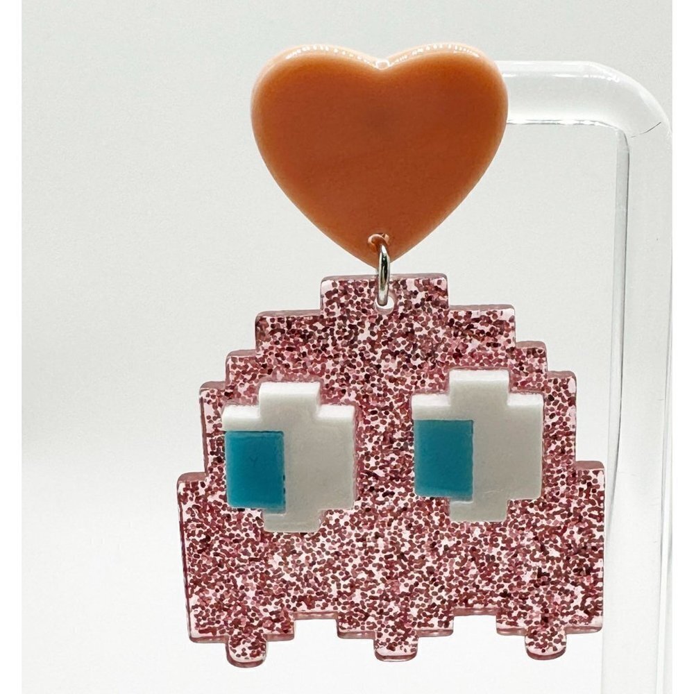 Pink Glitter Pixel Ghost Heart Drop Earrings - Unbranded - Picture 2 of 4